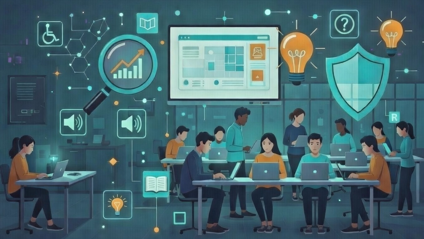 Es un banner horizontal luminoso en estilo cyberpunk suave y juvenil.
En un aula moderna y brillante con luz azulada, un grupo de adolescentes diversos (13-14 años) trabaja colaborativamente en mesas con laptops.
Flotan grandes iconos muy destacados y con brillo neón turquesa:

Símbolo de accesibilidad (silla de ruedas)
Altavoz con ondas (audio)
Libro abierto (lectura)
Ojo o lupa (apoyo visual)
Figura inclusiva

Estos iconos de accesibilidad son los más prominentes, conectados por líneas luminosas.
A la derecha, una gran pantalla interactiva muestra gráficos, datos y análisis en tonos turquesa y naranja.
Otros elementos flotantes: lupa (pensamiento crítico), escudo (ética digital), bombillo naranja grande (resolución de problemas). 